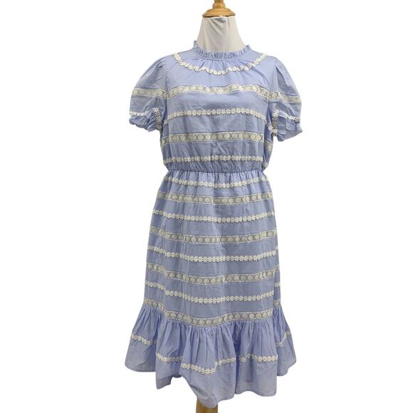 J. Crew Dresses & Skirts - J Crew Dress Womens 6 Sky Blue White Cotton Puff Sleeve Daisy Chain Flounce Hem